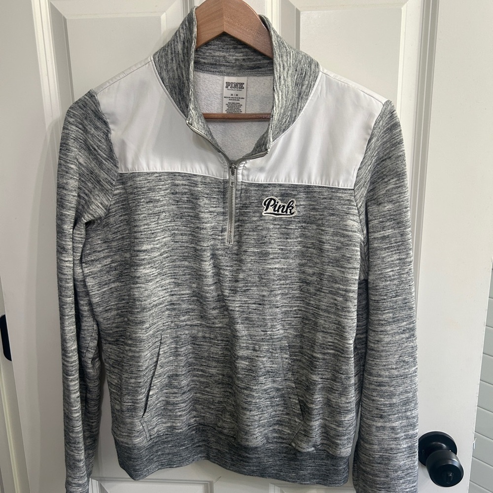 PINK Victoria's Secret size M  Gray and White quarter zip pullover LOVE PINK. - Picture 4 of 10